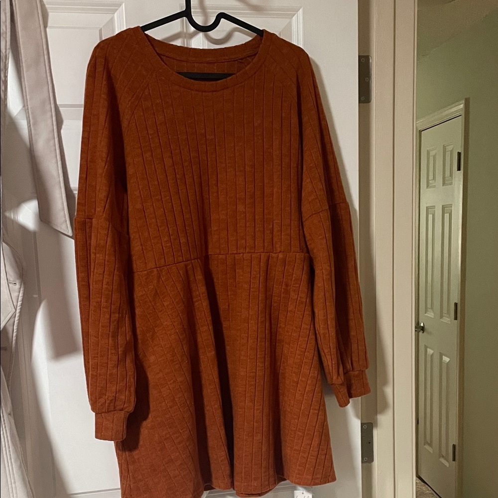 Ribbed Long Sleeve Swing Dress in Rust